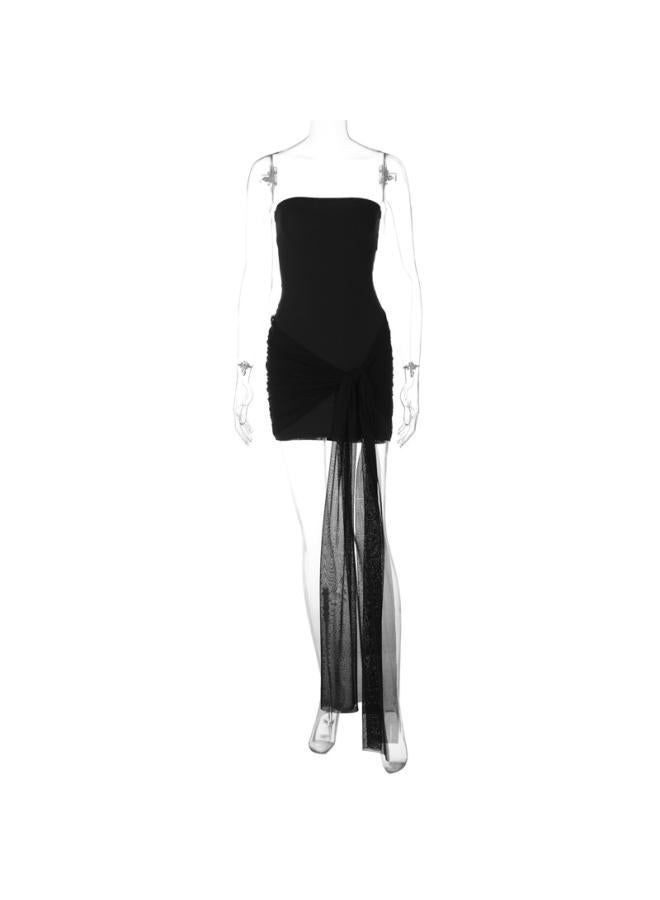 European And American Women's Clothing Spring New Pure Color Elegant Wrapped Chest Waist Stitching Mesh Ribbon Pleated Short Dress Women