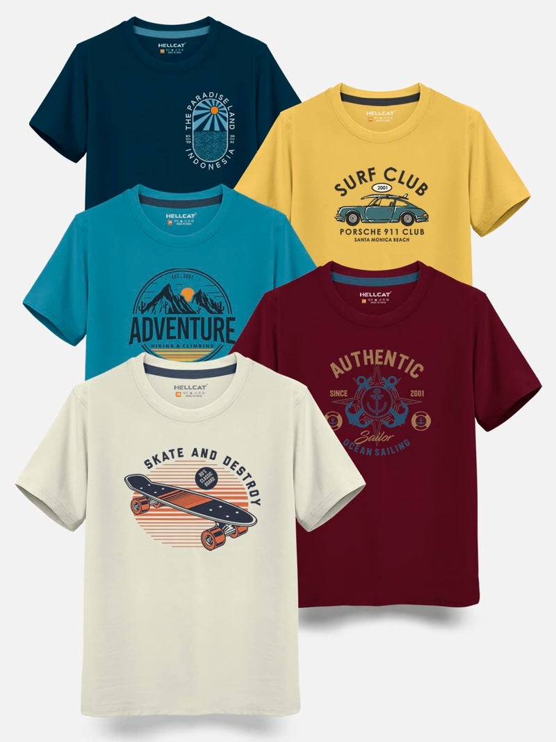 HELLCAT Trendy Typographic Printed Cotton Blend Half Sleeve Regular Fit T-Shirt For Boys - Pack Of 5 / Beige & Burgundy & Turquoise Blue & Mustard & Petrol Blue / 13-14 Years - Image 2