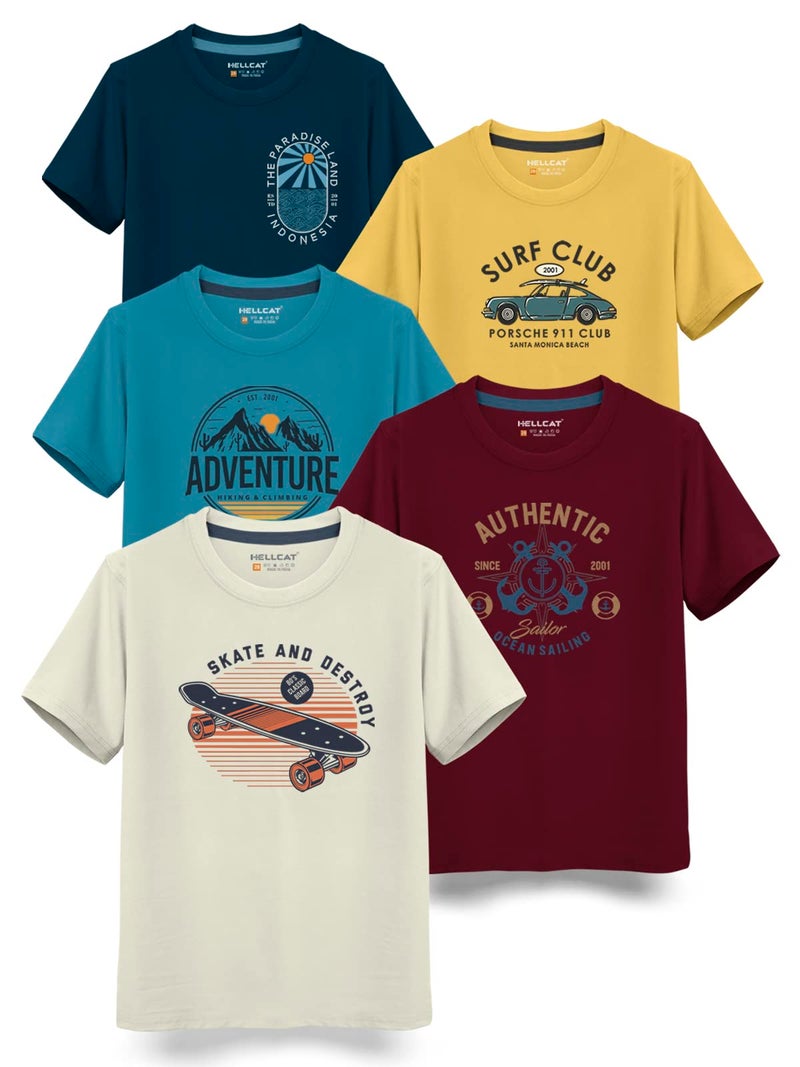 HELLCAT Trendy Typographic Printed Cotton Blend Half Sleeve Regular Fit T-Shirt For Boys - Pack Of 5 / Beige & Burgundy & Turquoise Blue & Mustard & Petrol Blue / 13-14 Years - Image 1