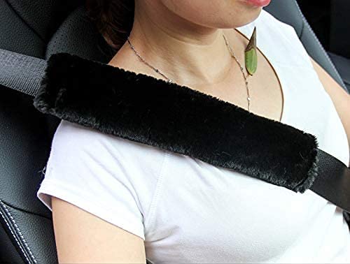 PAWSOME Soft Faux Sheepskin Seat Belt Shoulder Pad for a More Comfortable Driving, Compatible with Adults Youth Kids - Car, Truck, SUV, Airplane,Carmera Backpack Straps 2 Packs Black - Image 1