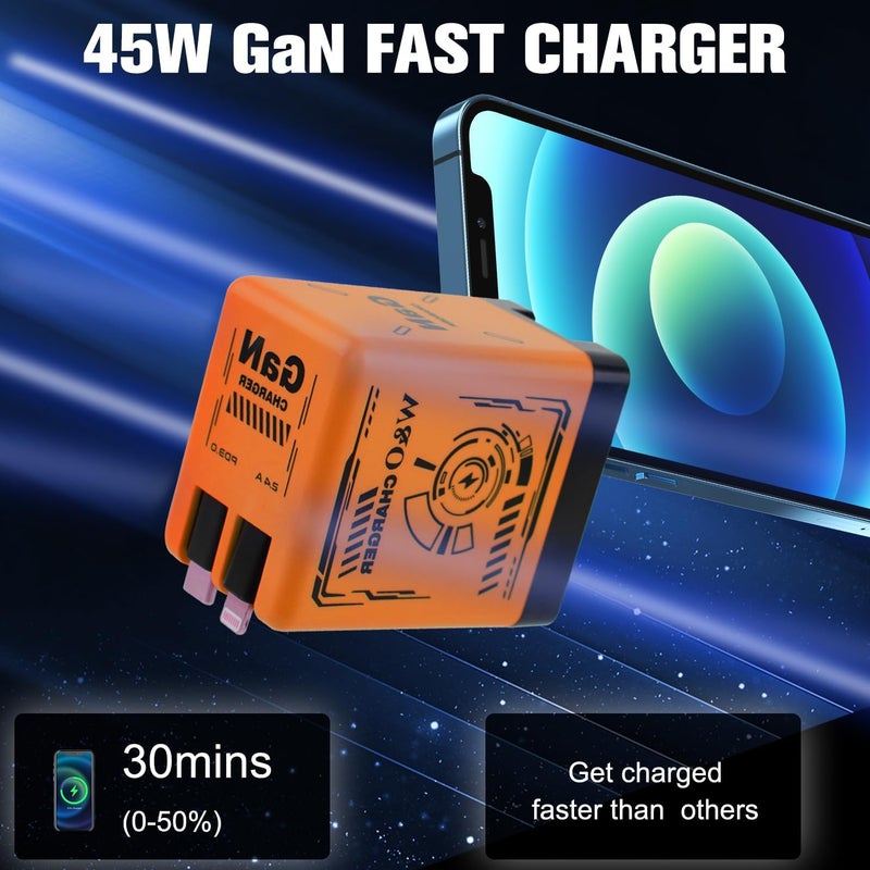شاحن W&O 2 في 1 متوافق مع الشحن السريع بتقنية GaN، شاح�� GaN سريع الشحن، مقبس حائط قابل للطي مع كابلات Lightning وType-C، شواحن قابلة للطي لأجهزة iPhone ومعظم أندرويد، أخضر - Image 5