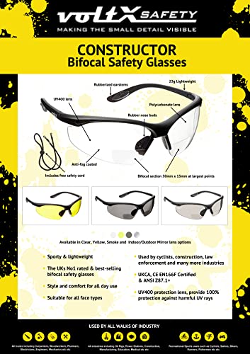 voltX 'Constructor' BIFOCAL Reading Safety Glasses (Clear +2.0 Dioptre) ANSI Z87.1+ & CE EN166F, Certified/Cycling Sports Glasses Includes Safety Cord + UV400 Anti Fog Coated Lens - Image 2