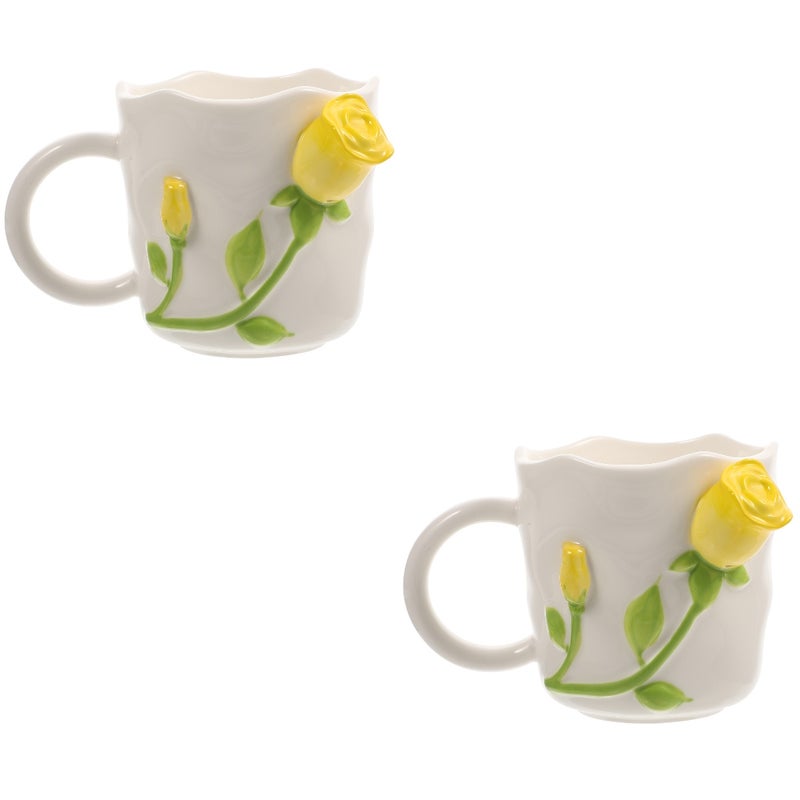2pcs Rose Embossment Mug Household Water Cup Ceramic Coffee Mug Rose Design Mug (420ml) - Image 2