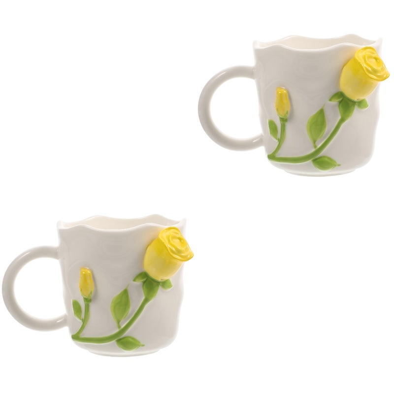 2pcs Rose Embossment Mug Household Water Cup Ceramic Coffee Mug Rose Design Mug (420ml) - Image 5