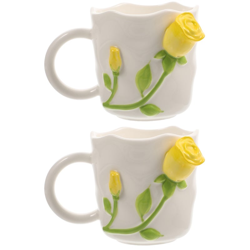 2pcs Rose Embossment Mug Household Water Cup Ceramic Coffee Mug Rose Design Mug (420ml) - Image 3