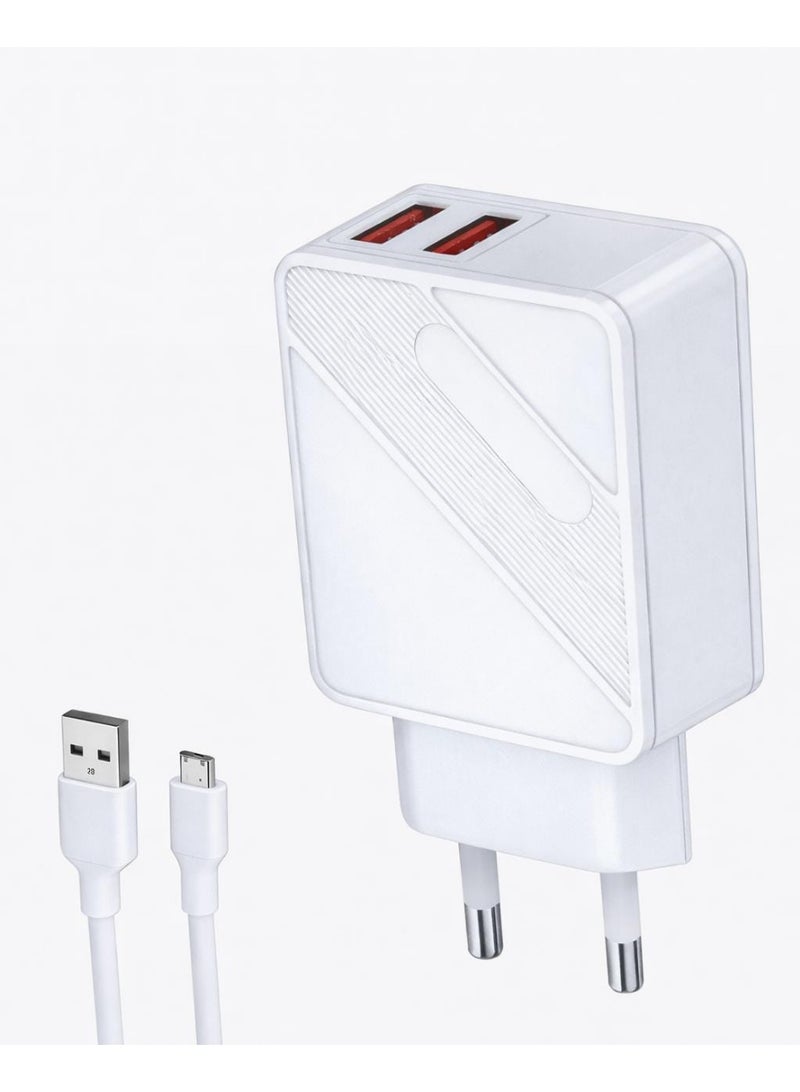 A fast charger compatible with mobile phones, equipped with two USB ports.  It supports charging up to 3.4 amps, providing faster charging speeds for phones, tablets, and smart accessories. It comes with a durable and practical micro USB cable.