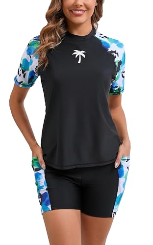 Halcurt Women Swim Shirt and Boyleg Shorts Pockets Swimwear Padded Rash Guard Black S - Image 1
