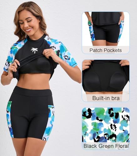 Halcurt Women Swim Shirt and Boyleg Shorts Pockets Swimwear Padded Rash Guard Black S - Image 5