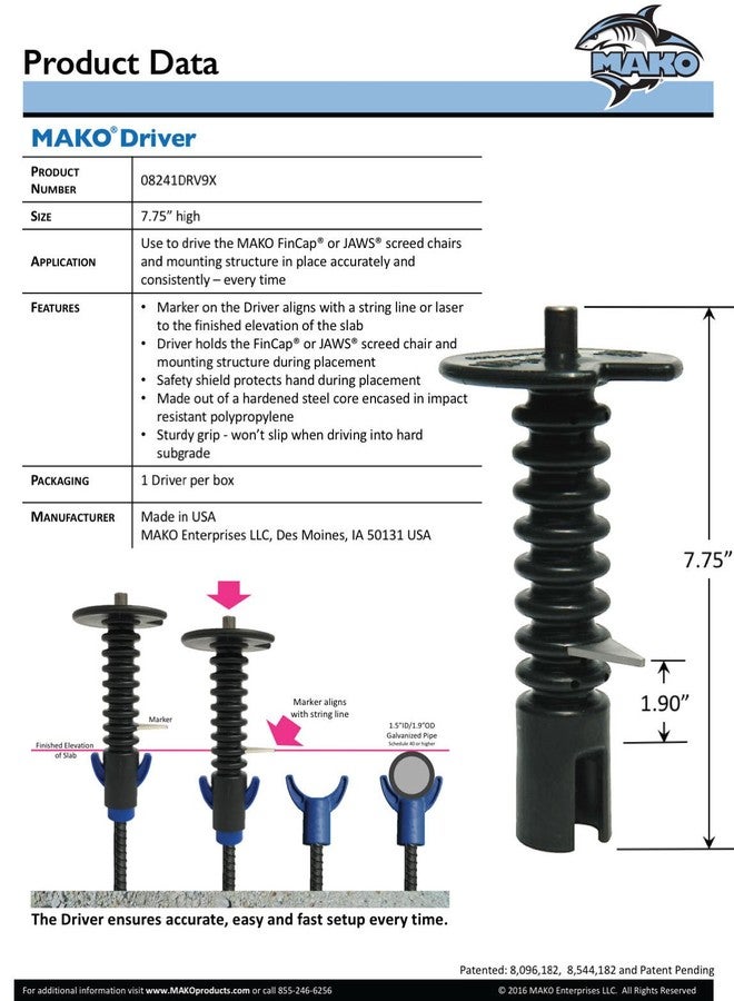 MAKO Driver, one per Pack, Works with The FinCap and Jaws (Large and Small) Concrete Chairs to Set Screed Locations - Establishes Accurate Elevation Control for Concrete Slab Constructionir Driver - Image 4