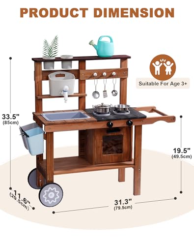 ROBUD Mud Kitchen for Kids Outdoor with Wheels Wooden Outdoor Play Kitchen Kids Mud Kitchen with Removable Sink Faucet Monteeori Toys for Children Ages 3 Years WG403 - Image 5