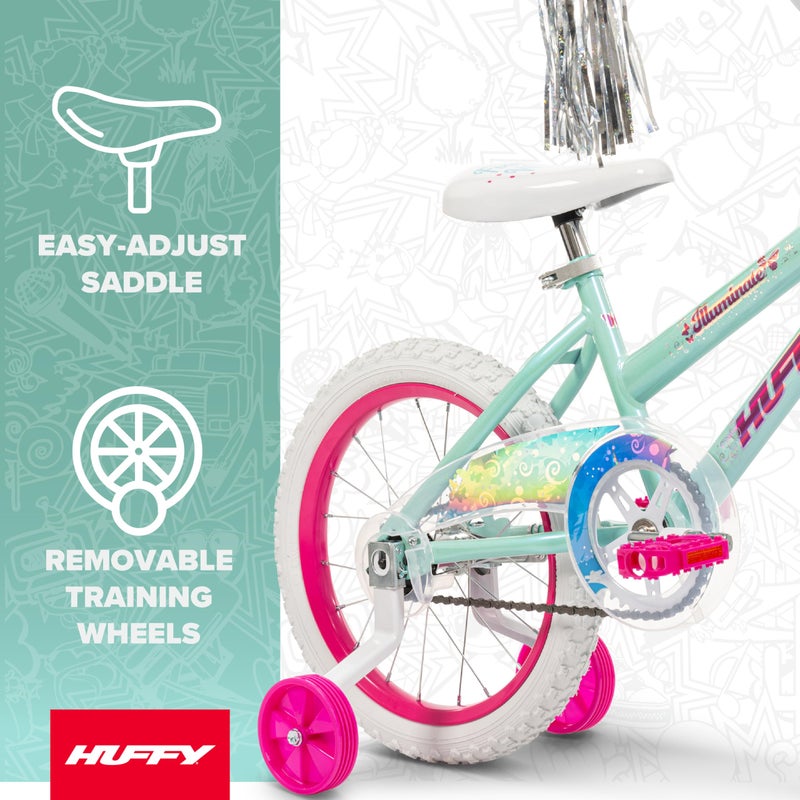 Huffy Illuminate 16â€ Girlâ€™s Bike with Removable Training Wheels, High Tide Gloss Frame with Butterfly Graphics, Chain Guard, White Tires and Pink Rims - Image 3