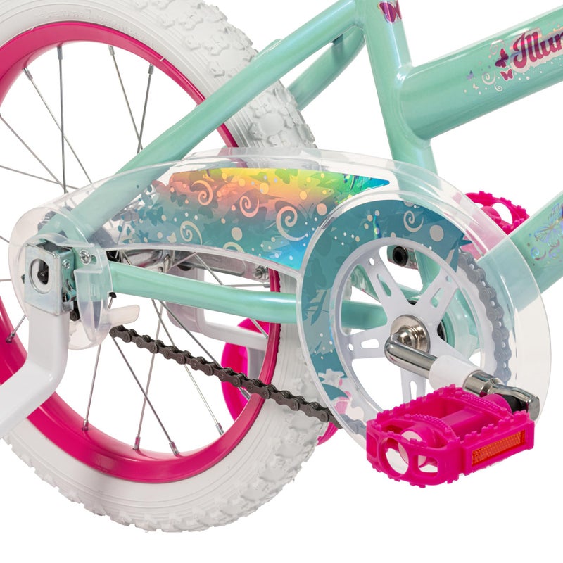 Huffy Illuminate 16â€ Girlâ€™s Bike with Removable Training Wheels, High Tide Gloss Frame with Butterfly Graphics, Chain Guard, White Tires and Pink Rims - Image 5