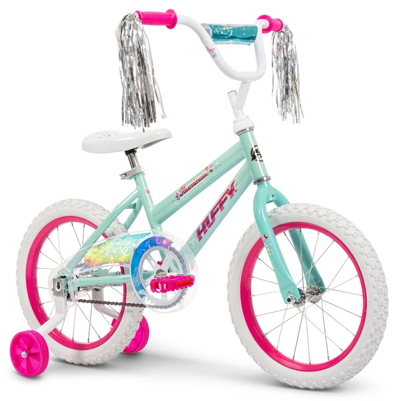Huffy Illuminate 16â€ Girlâ€™s Bike with Removable Training Wheels, High Tide Gloss Frame with Butterfly Graphics, Chain Guard, White Tires and Pink Rims - Image 1