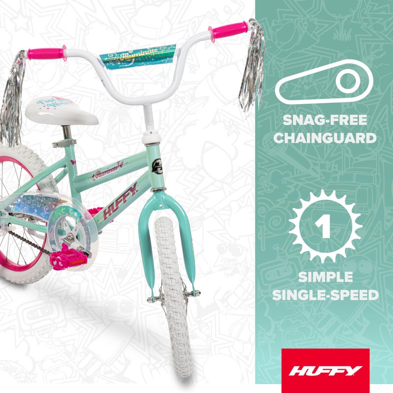 Huffy Illuminate 16â€ Girlâ€™s Bike with Removable Training Wheels, High Tide Gloss Frame with Butterfly Graphics, Chain Guard, White Tires and Pink Rims - Image 4