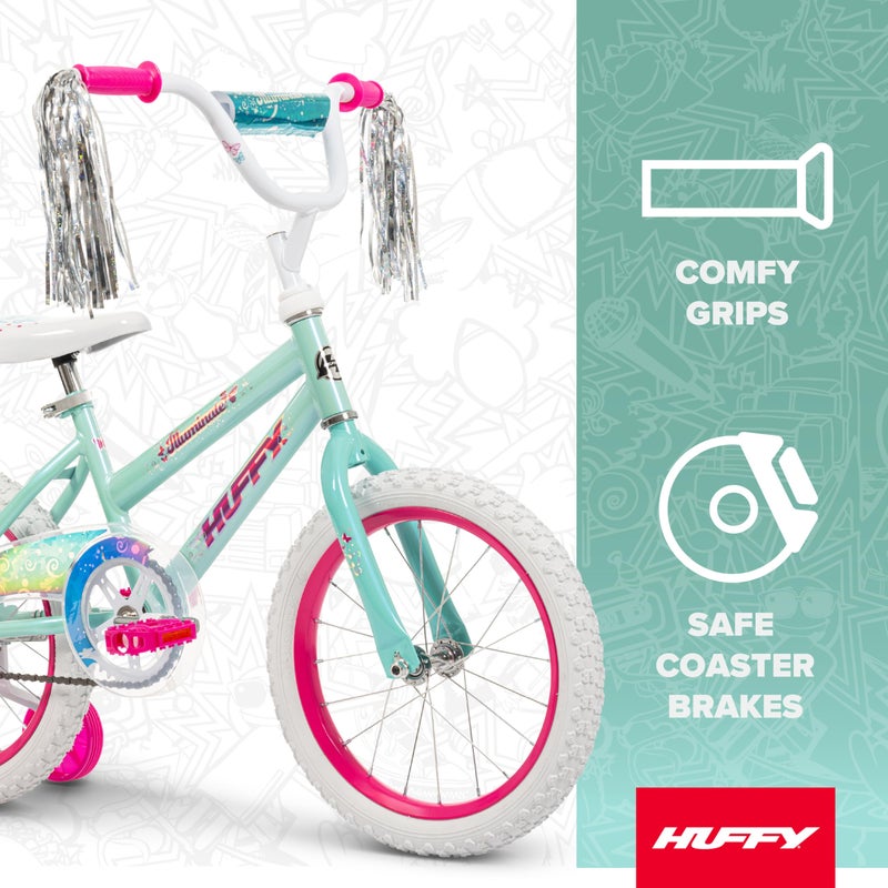 Huffy Illuminate 16â€ Girlâ€™s Bike with Removable Training Wheels, High Tide Gloss Frame with Butterfly Graphics, Chain Guard, White Tires and Pink Rims - Image 2