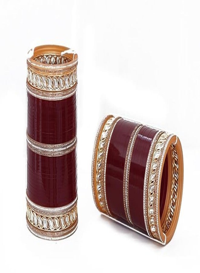 BANGLESKART طقم أساور تشودا بنجابي جميل بتصميم أنيق من بانغلسكارت للنساء، مناسب لحفلات الزفاف والذكرى السنوية، طقم أساور تشودا للفتيات (ماروني، 2.6) - Image 3