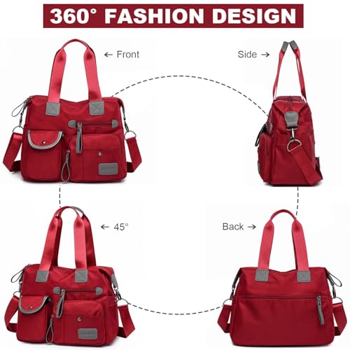 YouNuo Tote Bag with Multiple Pockets & Zipper , Nylon Nursing Bags for Work , for Women , Large Shoulder Handbag , Waterproof Galaxy Cross body Purse for Travel (Pure Red) - Image 2