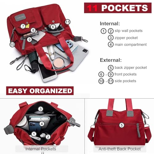 YouNuo Tote Bag with Multiple Pockets & Zipper , Nylon Nursing Bags for Work , for Women , Large Shoulder Handbag , Waterproof Galaxy Cross body Purse for Travel (Pure Red) - Image 5