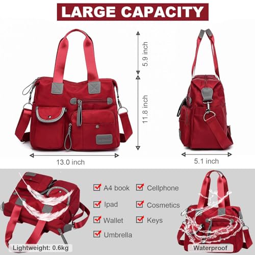YouNuo Tote Bag with Multiple Pockets & Zipper , Nylon Nursing Bags for Work , for Women , Large Shoulder Handbag , Waterproof Galaxy Cross body Purse for Travel (Pure Red) - Image 4