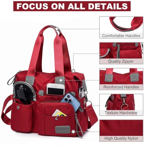 YouNuo Tote Bag with Multiple Pockets & Zipper , Nylon Nursing Bags for Work , for Women , Large Shoulder Handbag , Waterproof Galaxy Cross body Purse for Travel (Pure Red) - Image 3