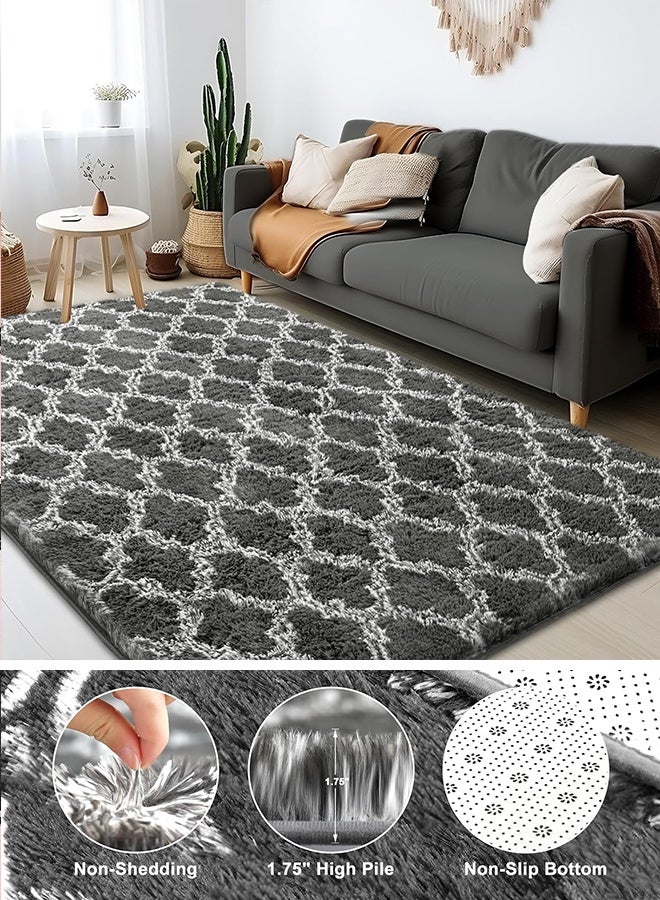 WangPangZi Shag Soft Living Room And Bedroom Rug -160CM Luxurious Geometric Floor Mat With Non-Slip Backing, Large Area Rug Shag Shaggy Carpet Soft Plush Furry Bedside Rugs, Thickness Safe For Bedroom, Playroom, Nursery, Home Decor, Children And Pets, Easy To Clean (Dark Gray + White) - Image 1
