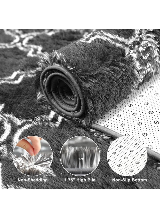 WangPangZi Shag Soft Living Room And Bedroom Rug -160CM Luxurious Geometric Floor Mat With Non-Slip Backing, Large Area Rug Shag Shaggy Carpet Soft Plush Furry Bedside Rugs, Thickness Safe For Bedroom, Playroom, Nursery, Home Decor, Children And Pets, Easy To Clean (Dark Gray + White) - Image 3