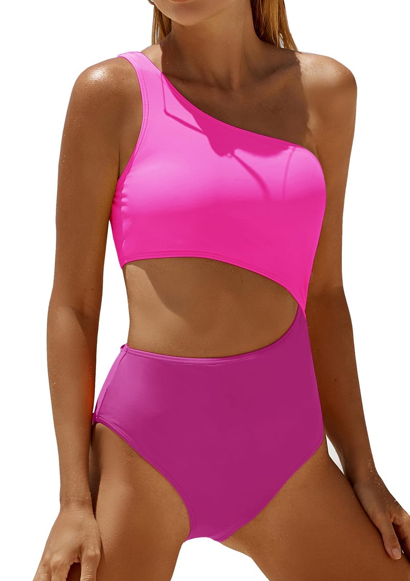 Yonique Women's One Piece Swimsuit- One Shoulder Bathing Suit Cutout Tummy Control Swimwear Pink M - Image 1