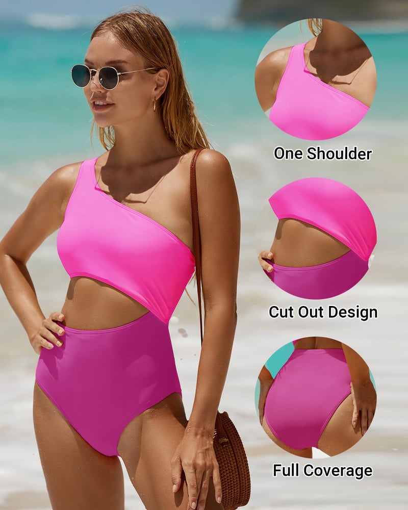 Yonique Women's One Piece Swimsuit- One Shoulder Bathing Suit Cutout Tummy Control Swimwear Pink M - Image 4