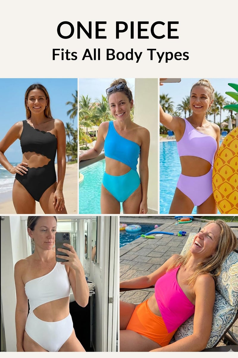 Yonique Women's One Piece Swimsuit- One Shoulder Bathing Suit Cutout Tummy Control Swimwear Pink M - Image 5
