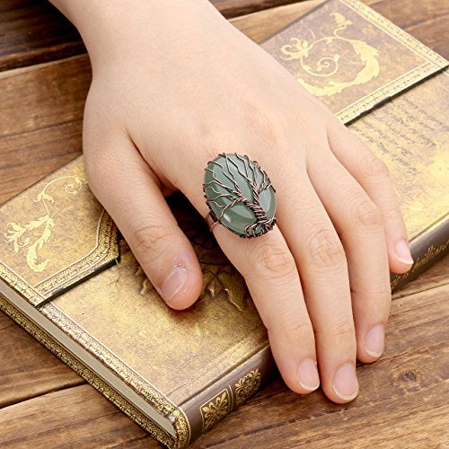 Top Plaza Handmade Retro Vintage Copper Wire Wrapped Life Tree Oval Gemstone Healing Crystal Adjustable Ring Bronze Band Size 6 7 8(Amethyst+Rose Quartz+Green Aventurine) - Image 4