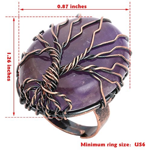 Top Plaza Handmade Retro Vintage Copper Wire Wrapped Life Tree Oval Gemstone Healing Crystal Adjustable Ring Bronze Band Size 6 7 8(Amethyst+Rose Quartz+Green Aventurine) - Image 5