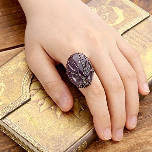 Top Plaza Handmade Retro Vintage Copper Wire Wrapped Life Tree Oval Gemstone Healing Crystal Adjustable Ring Bronze Band Size 6 7 8(Amethyst+Rose Quartz+Green Aventurine) - Image 2