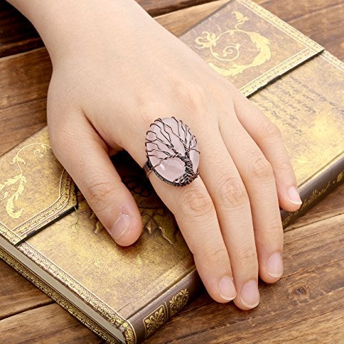 Top Plaza Handmade Retro Vintage Copper Wire Wrapped Life Tree Oval Gemstone Healing Crystal Adjustable Ring Bronze Band Size 6 7 8(Amethyst+Rose Quartz+Green Aventurine) - Image 3