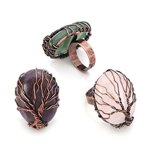 Top Plaza Handmade Retro Vintage Copper Wire Wrapped Life Tree Oval Gemstone Healing Crystal Adjustable Ring Bronze Band Size 6 7 8(Amethyst+Rose Quartz+Green Aventurine) - Image 1