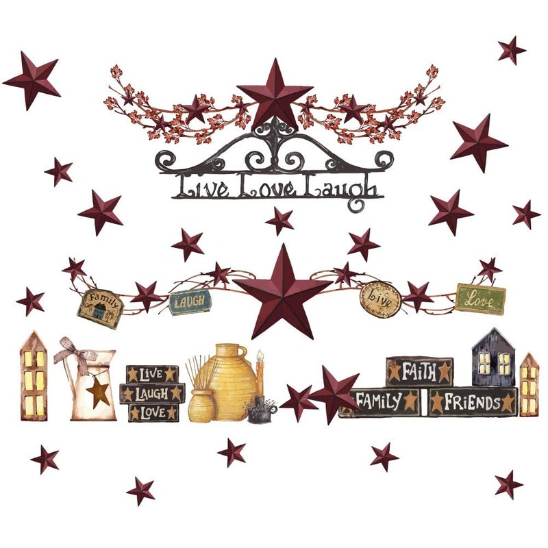 SUPERDANT Country Style Wall Decals Country Stars Berries Live Love Laugh Wall Sticker Vintage Western Home Farmhouse Decor Kitchen Stickers Rustic Decor for Living Room Bedroom - Image 1