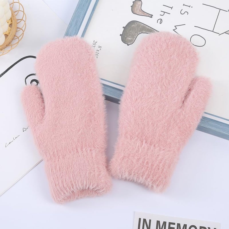 Eohak Winter Warm Mittens for Women - Knit Gloves Soft Wool Thick Fleece Lining Mittens (Pink, Medium) - Image 2