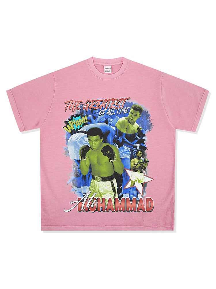 Boxing Champion Muhammad Ali Printed Short-Sleeved Retro Distressed Cotton T-Shirt for Men and Women Loose Style - Image 4