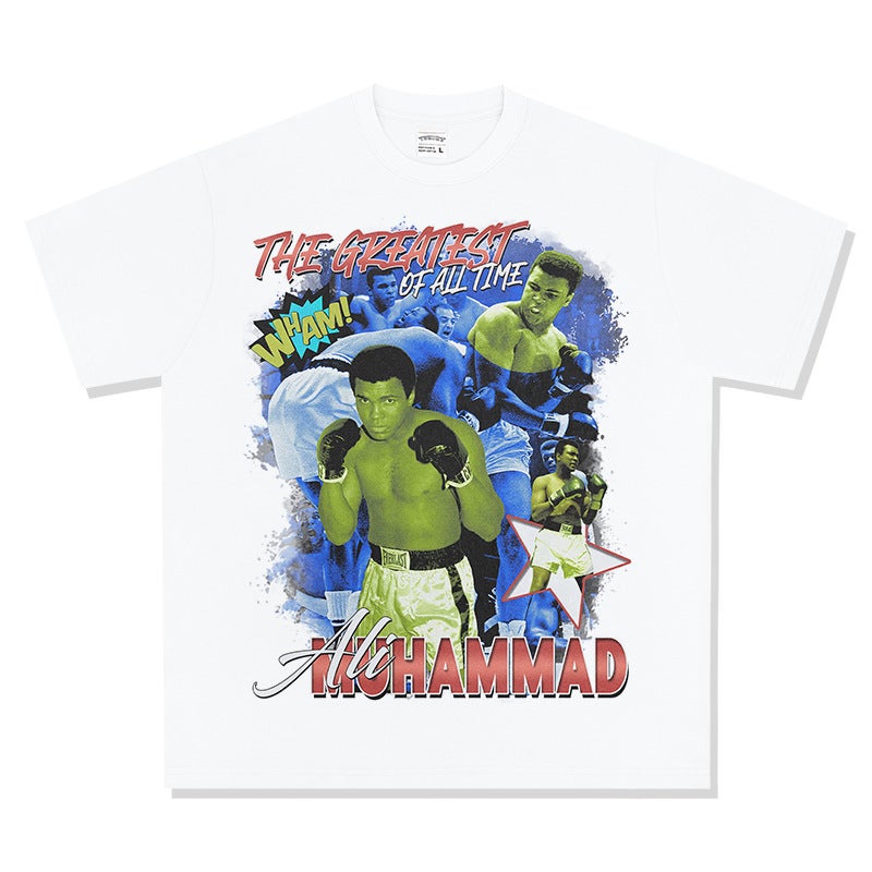Boxing Champion Muhammad Ali Printed Short-Sleeved Retro Distressed Cotton T-Shirt for Men and Women Loose Style - Image 1