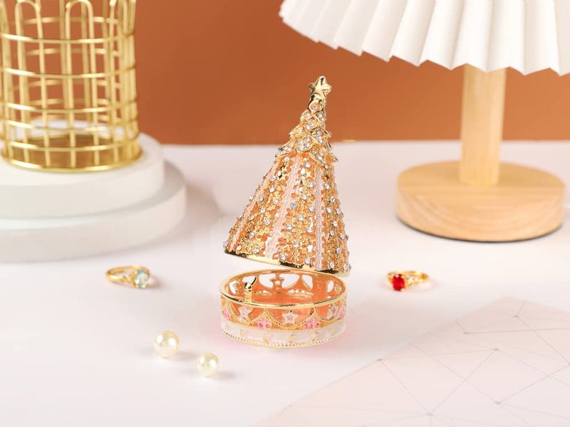 Furuida Christmas Tree Trinket Boxes Hinged Hand-Painted Jewelry Box Classic Ornaments Craft Gift for Home Decor (Gold) - Image 5