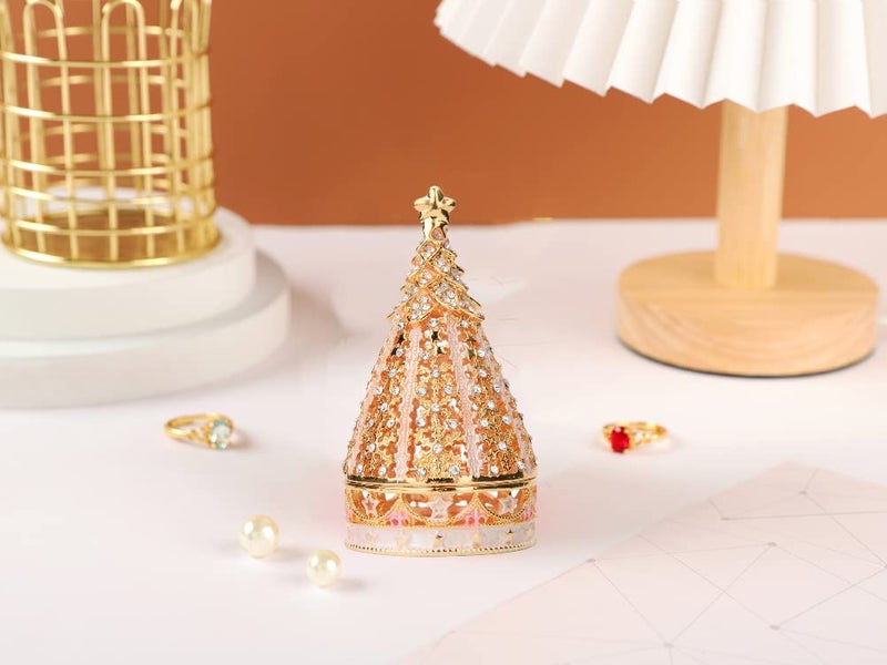 Furuida Christmas Tree Trinket Boxes Hinged Hand-Painted Jewelry Box Classic Ornaments Craft Gift for Home Decor (Gold) - Image 4
