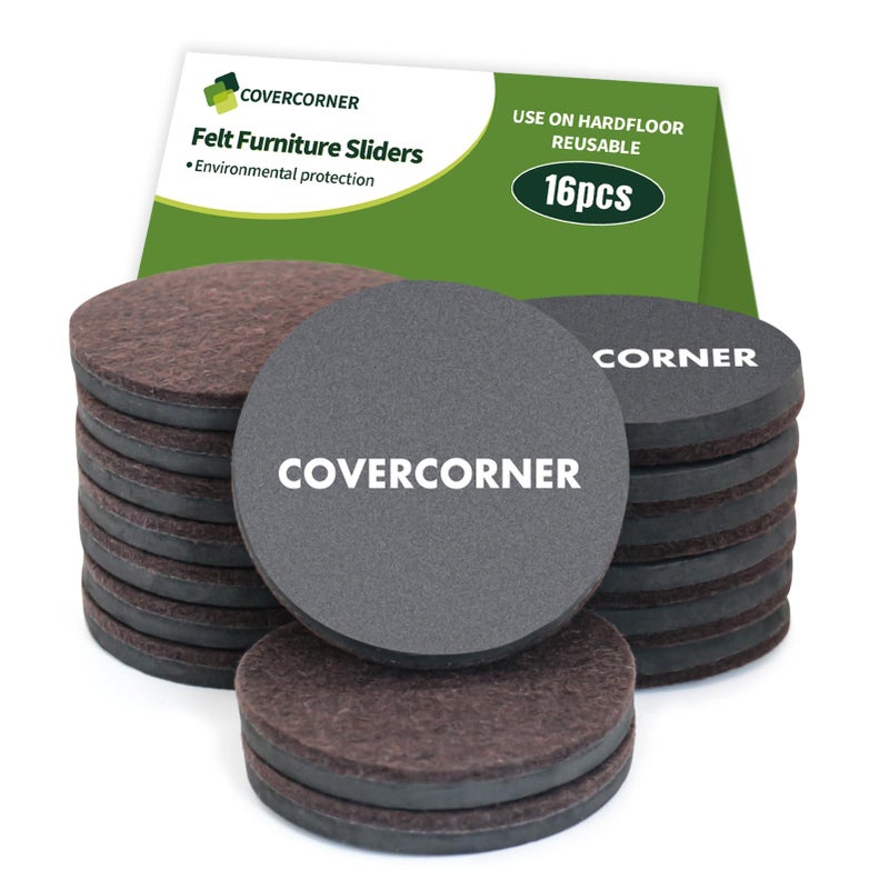 covercorner مجموعة من 16 قطعة من منزلقات الأثاث من كفر كورنر للأرضيات الخشبية - منزلقات مقاس 3.5 بوصة لتحريك الأثاث - وسادات أثاث من اللباد للأرضيات الخشبية، لون بني - Image 1