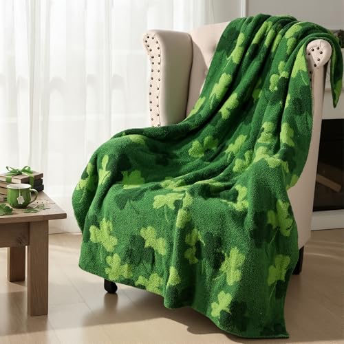 Treory St Patrick's Day Gifts Fleece Blanket: Fluffy Green Shamrock Decorative Plush Blanket, Soft Warm Throw Blanket, Irish Day Lightweight Cozy Festive Home Decor Decorations for Couch Sofa Bed, 50"x 60" - Image 1