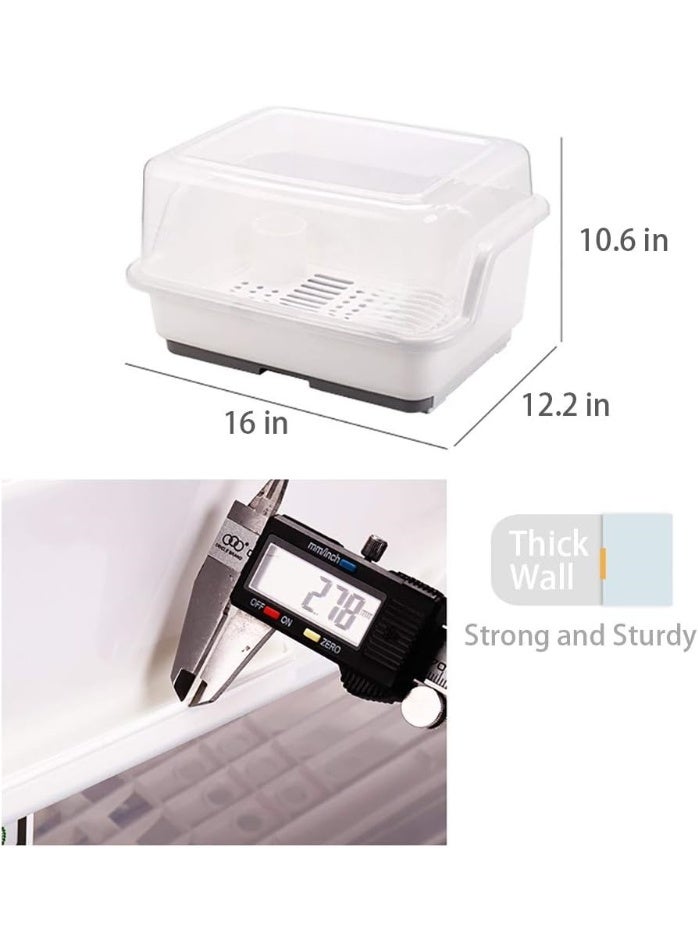 Medium Size Dish Drying Rack and Drain Board with Lid Cover, 16" x 12.2" x 10.6" Nursing Bottle Holder, Kitchen Plate Cup Tray Cutlery Drainer - Image 2