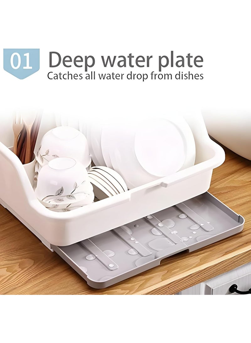 Medium Size Dish Drying Rack and Drain Board with Lid Cover, 16" x 12.2" x 10.6" Nursing Bottle Holder, Kitchen Plate Cup Tray Cutlery Drainer - Image 3