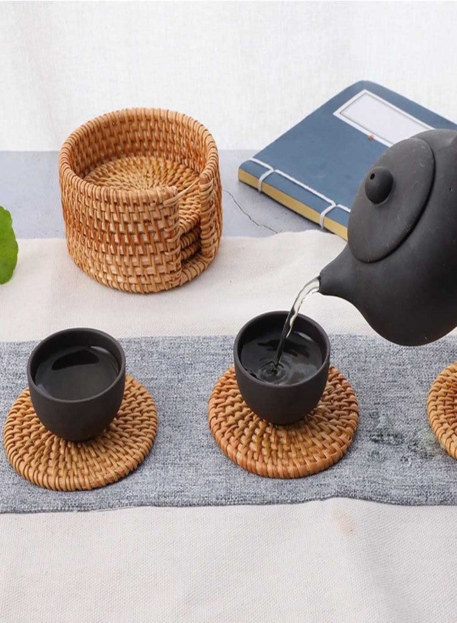Teensery 4 Pcs Rattan Coasters Handmade Woven Teacup Coasters Round Wicker Decorative Coasters for Hot and Cold Drinks - Image 4