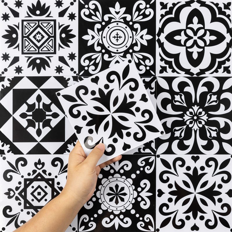 Hode Kitchen Bathroom Tile Stickers Stick on Tiles Sticky Back Peel and Stick Self Adhesive Wall Vinyl Waterproof Black and White Moroccan 24pcs 15x15cm