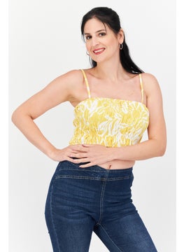 Women Square Neck Sleeveless Allover Print Tank Top, Yellow