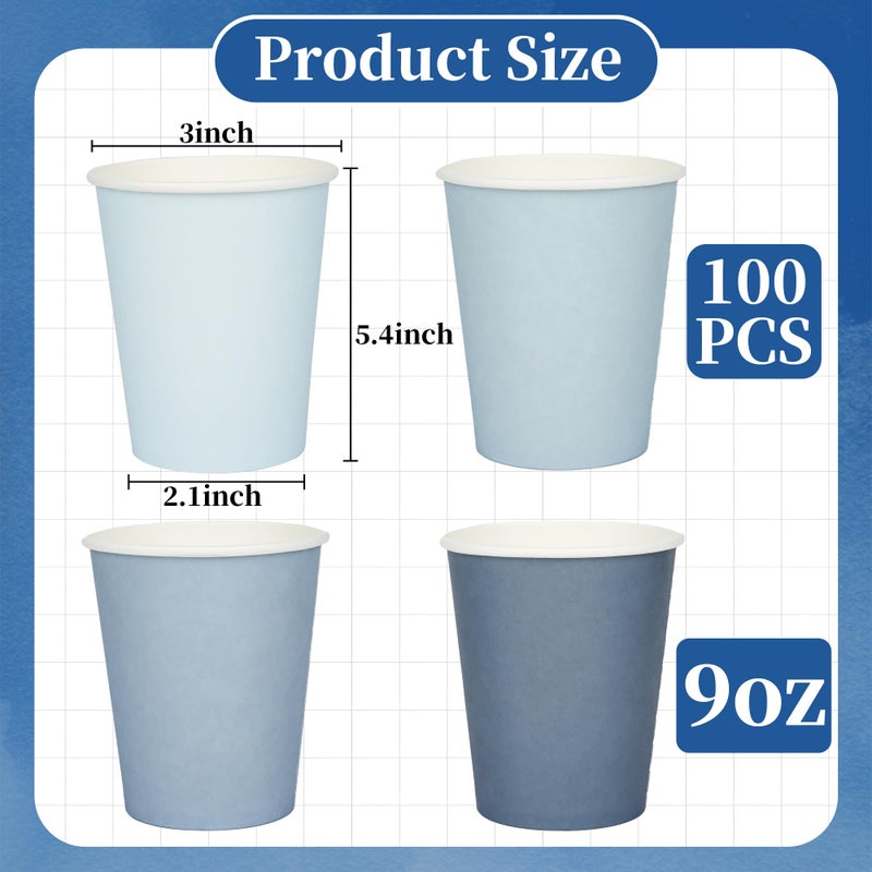 AimFun 100 Pcs Dusty Blue Paper Cups 9oz Gradient Blue Party Cups 4 Colors Disposable Beverage Coffee Tea Drinking Cups for Birthday Baby Shower Bluey Party Supplies - Image 2