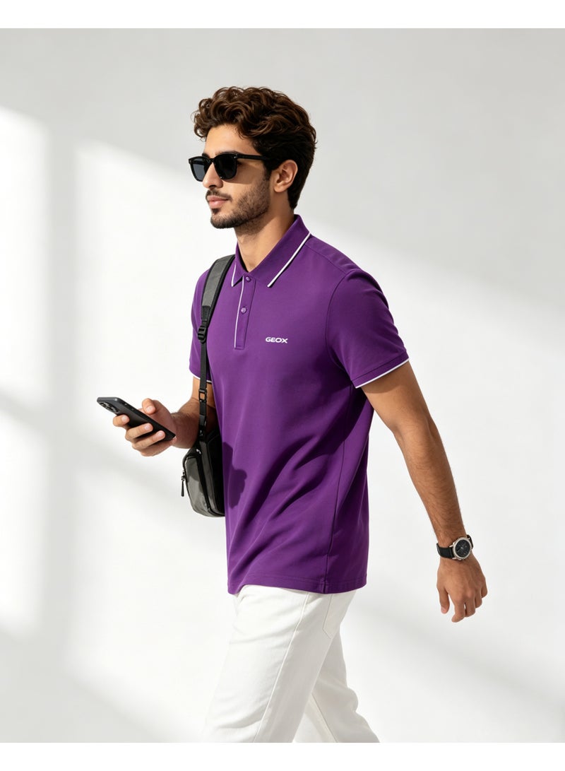 GEOX Men Contrast Trim Short Sleeve Polo Shirt Casual Daily Summer Top Purple - Image 2