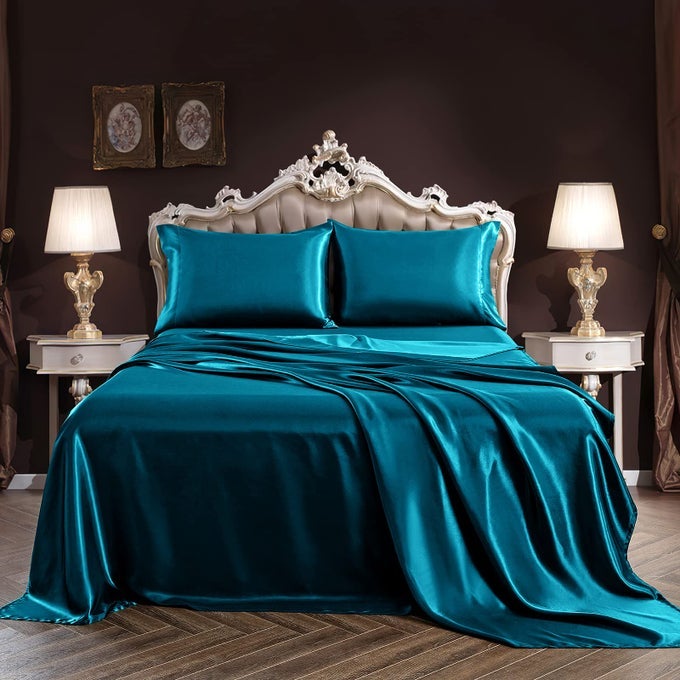 4PCS SATIN SHEET SET QUEEN SIZE ULTRA SILKY SOFT TEAL SATIN QUEEN BED SHEETS WITH DEEP POCKET 1 FITTED SHEET 1 FLAT SHEET 2 ENVELOPE CLOSURE PILLOWCASES